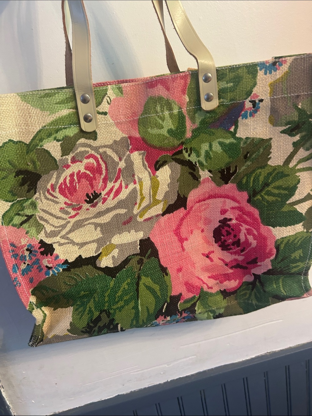 Vintage Two’s company Floral Canvas Tote Bag in Pink and Green